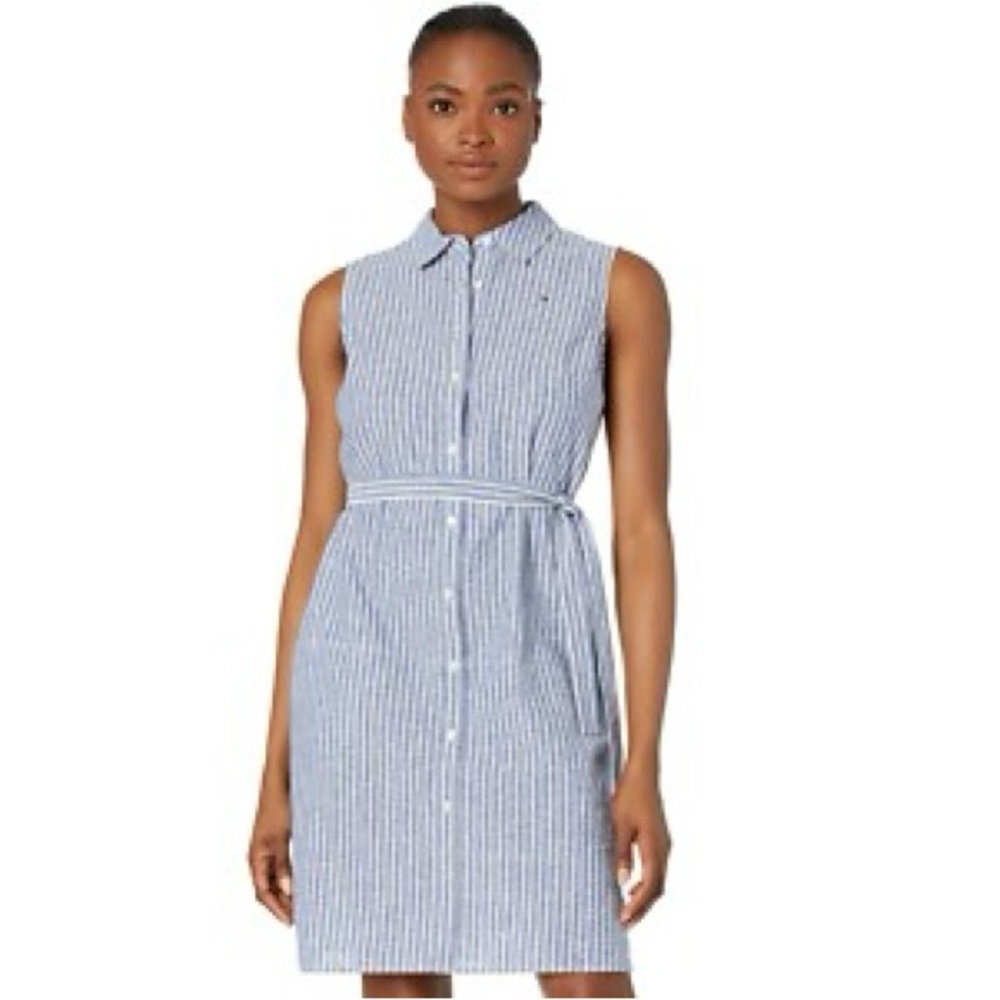 Tommy Hilfiger Women's Blue and White Stripped Collared Mini Cotton Shirt Dress
